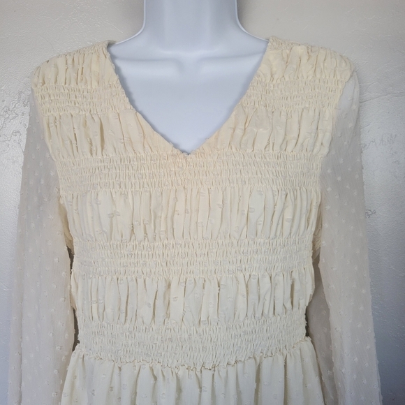 Doublju NWT Ivory White Swiss Dot Dress Long Sleeve Midi V-neck Smocked Bohemian - Picture 2 of 10